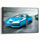 Black and white vintage race car poster on framed canvas, ideal for bedroom wall decor.