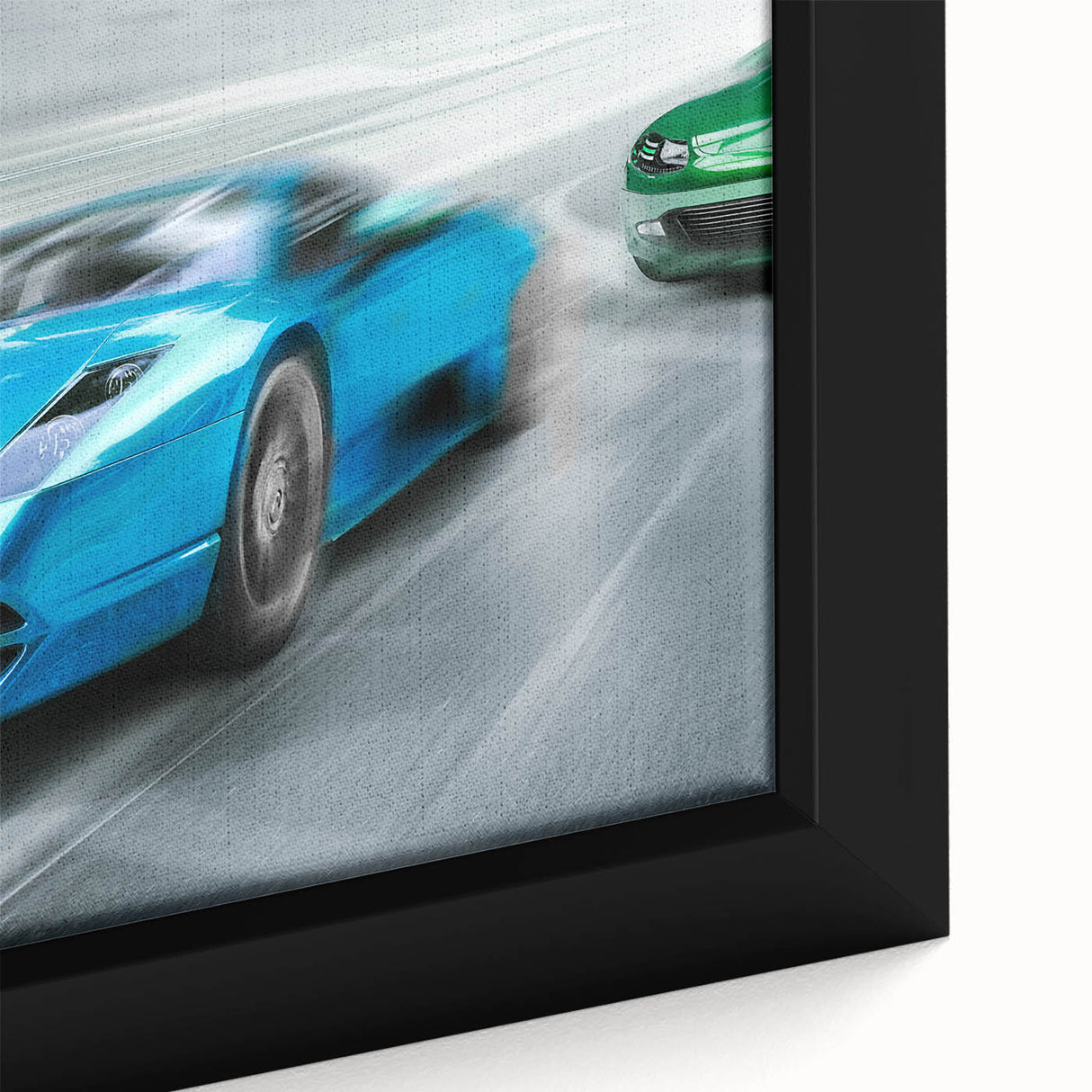 Extra large framed canvas featuring a close-up of race cars in vibrant, colorful art on a black background.