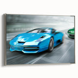 Framed canvas featuring a vintage poster of colorful race cars in motion, set against a black background.