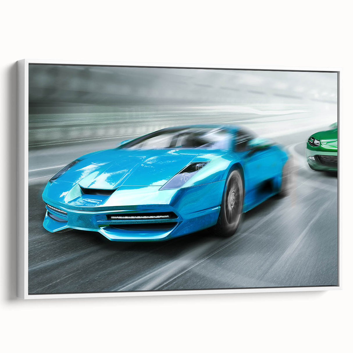Vintage poster art of colorful race cars on a black background, framed canvas, ideal for living room decor.