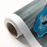 Art deco poster of race cars in vibrant red and blue tones on rolled canvas, ideal for nursery wall art.