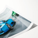 Extra large wall art featuring a collection of race cars in vibrant colors on a rolled canvas.