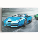 Black and white photo of race cars on a track, printed on large stretched canvas, suitable for kitchen wall art.