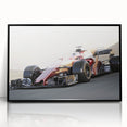 Large abstract wall art featuring race cars in motion, rendered in mid-century modernist style with vibrant colors.