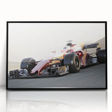 Large abstract wall art featuring race cars in motion, rendered in mid-century modernist style with vibrant colors.