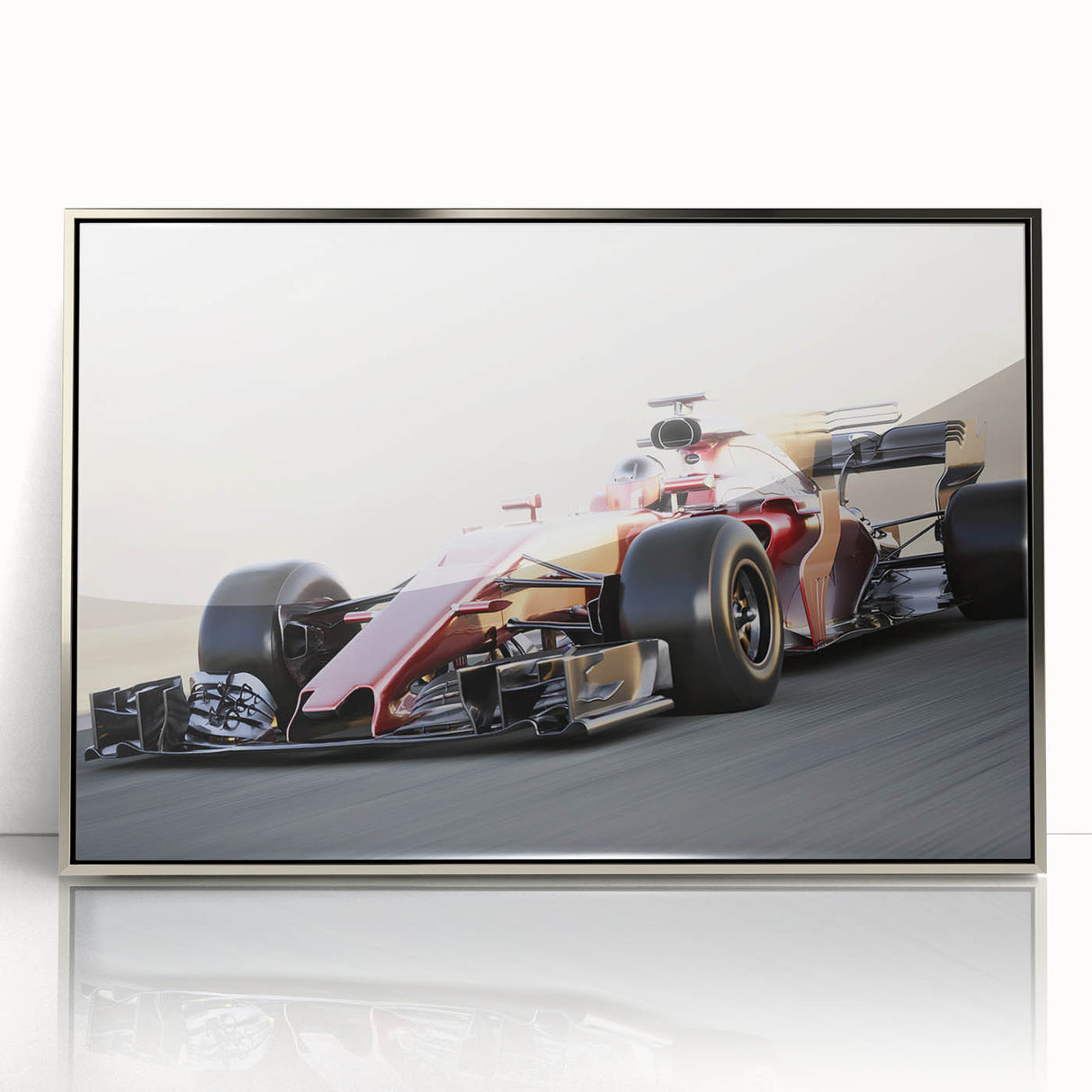 Mid-century modernist art featuring race cars in vibrant primary colors, silver-framed acrylic print.