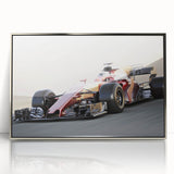 Mid-century modernist art featuring race cars in vibrant primary colors, silver-framed acrylic print.