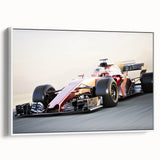 Vintage poster art of colorful race cars on a black background, framed canvas, ideal for living room decor.