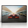 Large abstract wall art featuring race cars in motion, with a mid-century modernist style, framed in black acrylic.