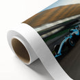 Art deco style race cars in vibrant colors on rolled canvas, ideal for nursery wall art.