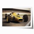 Extra large rolled print of race cars in motion, using vibrant red and blue tones, suitable for art wall dining room.