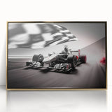 Framed acrylic print of a mid-century modernist race car scene in vibrant primary colors, ideal for nursery wall art.