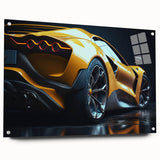 Acrylic print of race cars in motion, featuring vivid red and blue tones, suitable for bedroom or dining room decor.