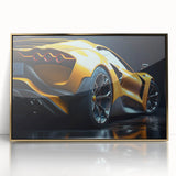 Mid-century modernist race car print in vibrant colors on a gold-framed acrylic, suitable for nursery wall art.