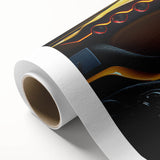 Art deco poster featuring colorful race cars on a rolled canvas, ideal for nursery wall art.