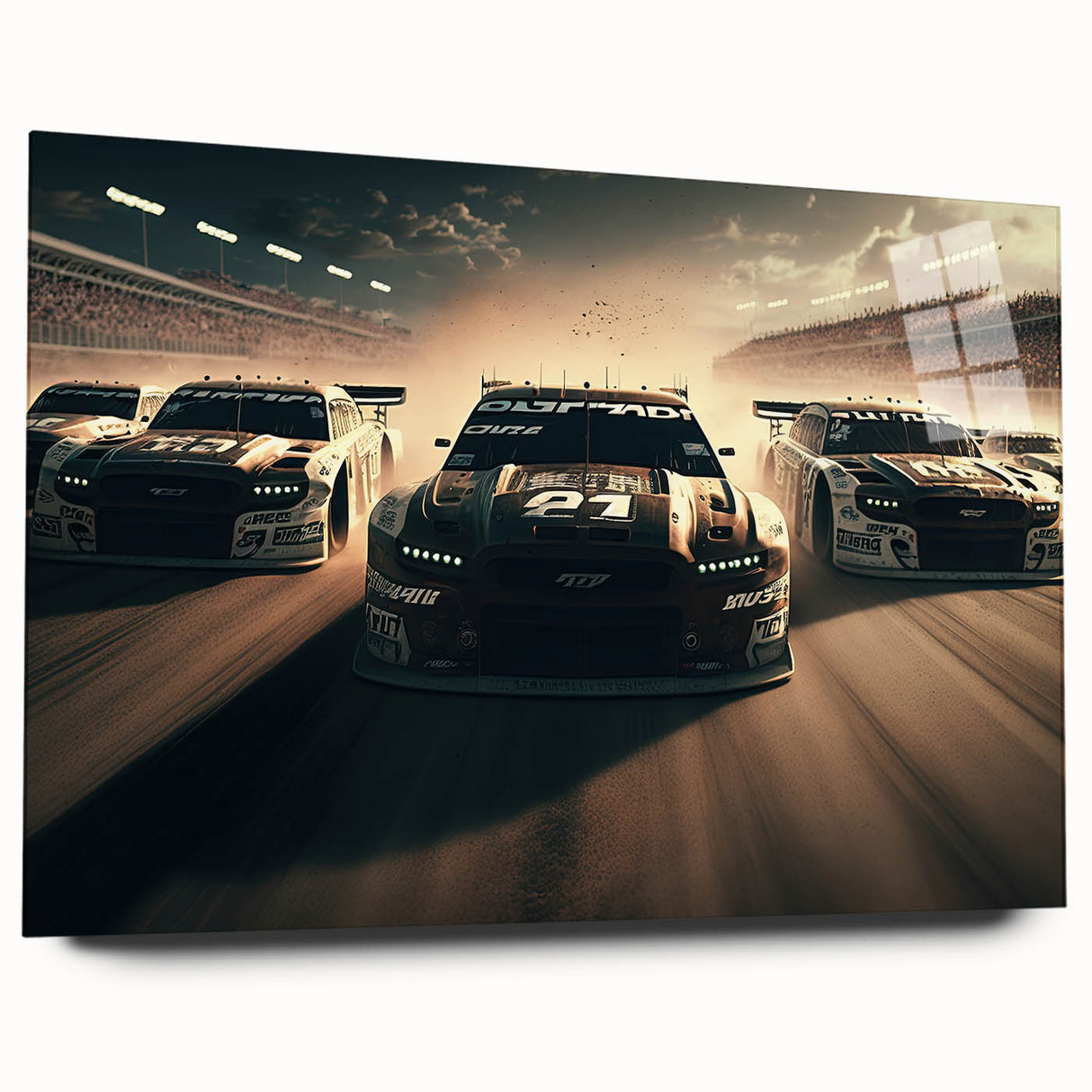 Acrylic print of race cars in motion, using vibrant red and blue tones, suitable for bedroom or dining room decor.