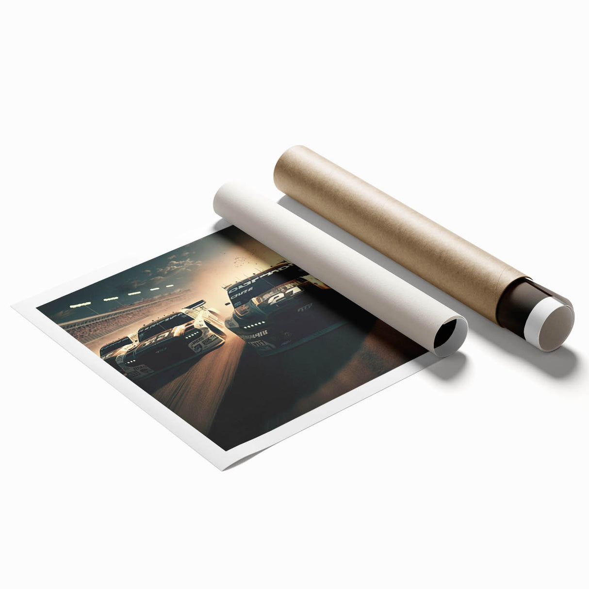 Extra large rolled print featuring a dynamic race car scene in vivid colors, ideal for large living room wall art.