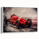 Vintage poster art of colorful race cars on a large framed canvas, ideal for living room wall decor.