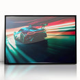 Large abstract wall art featuring a dynamic race car scene in bold, primary colors on a black acrylic frame.