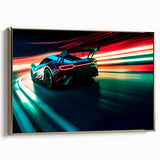 Framed canvas featuring a vintage poster of race cars in black and gold, ideal for bedroom wall art.