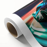 Art deco style race cars in vibrant primary colors on rolled canvas, ideal for nursery wall art.