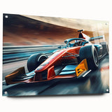 Acrylic print of race cars in motion, featuring vibrant red and blue tones, suitable for bedroom or dining room decor.