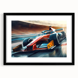 Colorful abstract art print featuring race cars, in vibrant shades on extra large canvas, ideal for living room decor.