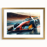 Extra large wall art featuring abstract race cars in textured grays and golds on a framed canvas.