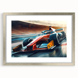 Textured art print of abstract race cars in muted silver and gray tones on a framed canvas, suitable for bedroom decor.