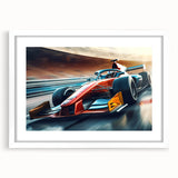 Abstract art print of race cars in motion, using bold red and blue tones on a white framed canvas.