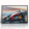 Large abstract wall art depicting race cars in motion, utilizing vibrant colors on a framed acrylic.