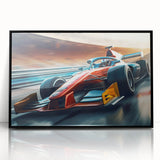 Large abstract wall art depicting race cars in motion, utilizing vibrant colors on a framed acrylic.