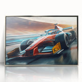 Mid-century modernist art featuring race cars in vibrant colors on a silver-framed acrylic, ideal for nursery wall art.