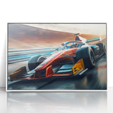 Framed acrylic print of race cars in motion, using bold primary colors, ideal for modern art wall decor or a nursery.