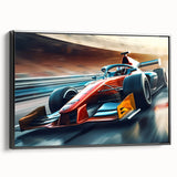 Black and white framed canvas featuring a vintage poster art of race cars in motion, ideal for bedroom wall decor.