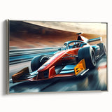 Framed canvas of a vintage race car in motion, featuring a black background with vibrant, colorful detailing.