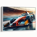 Framed canvas vintage poster art of colorful race cars in motion, ideal for extra large living room wall decor.
