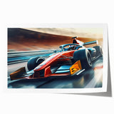 Rolled print of a race car in motion, rendered in sharp black and white, ideal for art wall dining room.
