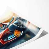 Extra large wall art featuring a collection of race cars in vibrant colors on a rolled print.