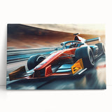 Black and white photo of race cars on a track, printed on large stretched canvas, suitable for kitchen or bedroom wall art.