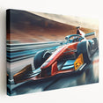 Side view of race cars in motion on a stretched canvas, featuring vibrant primary colors, suitable for kitchen wall art.