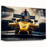 Acrylic print of race cars in motion, featuring vibrant red and blue hues, ideal for bedroom or dining room art.
