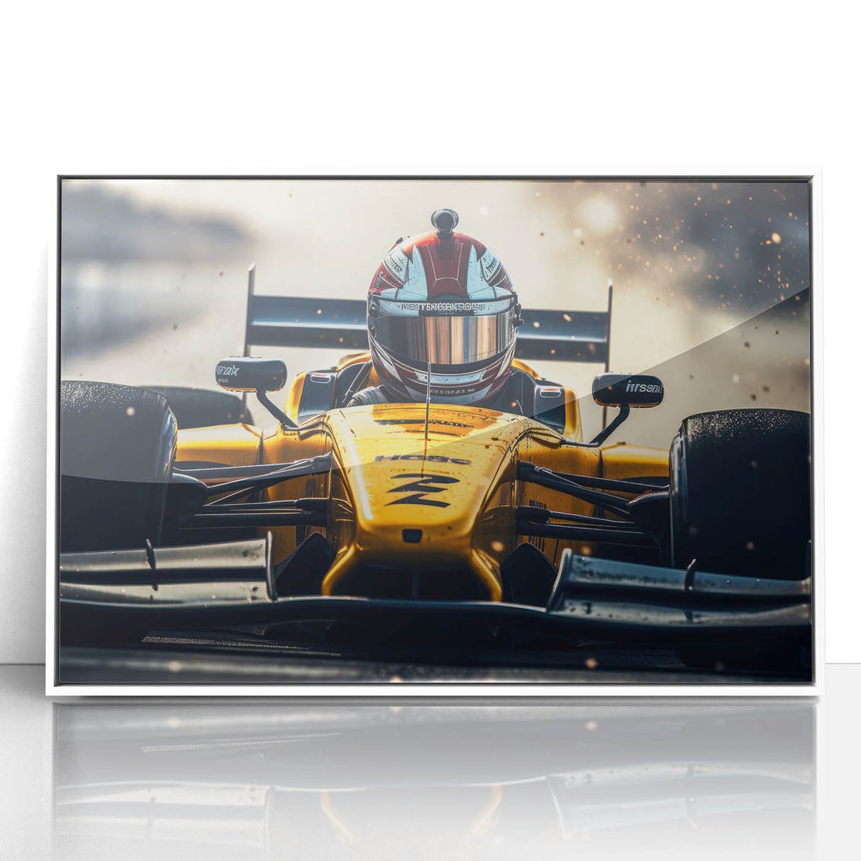 Art deco poster of race cars in motion on acrylic, vibrant colors in a white frame, suitable for modern nursery wall decor.