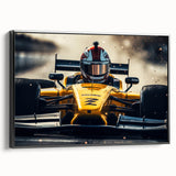 Black and white framed canvas featuring a vintage race car in motion, ideal for bedroom wall decor.