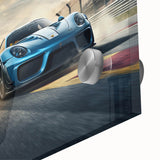 Mid-century modernist race car design in vibrant red and blue on large acrylic glass, ideal for dining room art.