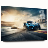 Acrylic print of race cars in motion, using vibrant red and blue tones, suitable as bedroom art or dining room decor.