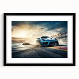 Extra large abstract art print featuring colorful race cars, textured finish on a black framed canvas.