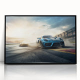 Large abstract wall art featuring a dynamic race car scene in vibrant colors on a black framed acrylic.