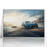 Art deco style race cars in vibrant colors on a white acrylic framed poster, suitable for modern nursery wall art.