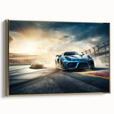 Framed canvas featuring a side view of vintage race cars in black and gold, ideal for bedroom wall art.